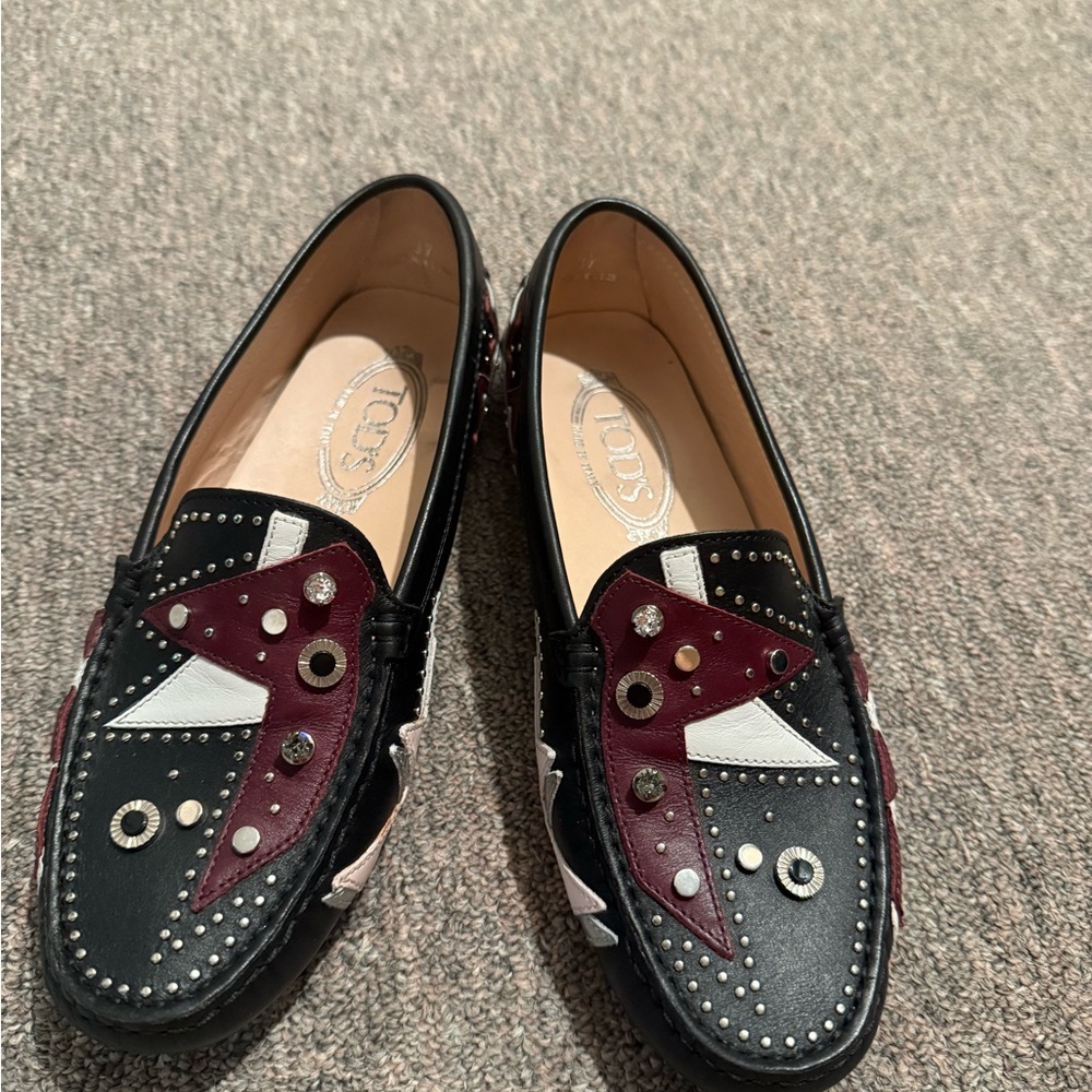 Tod's Black and Burgundy Studded Loafers